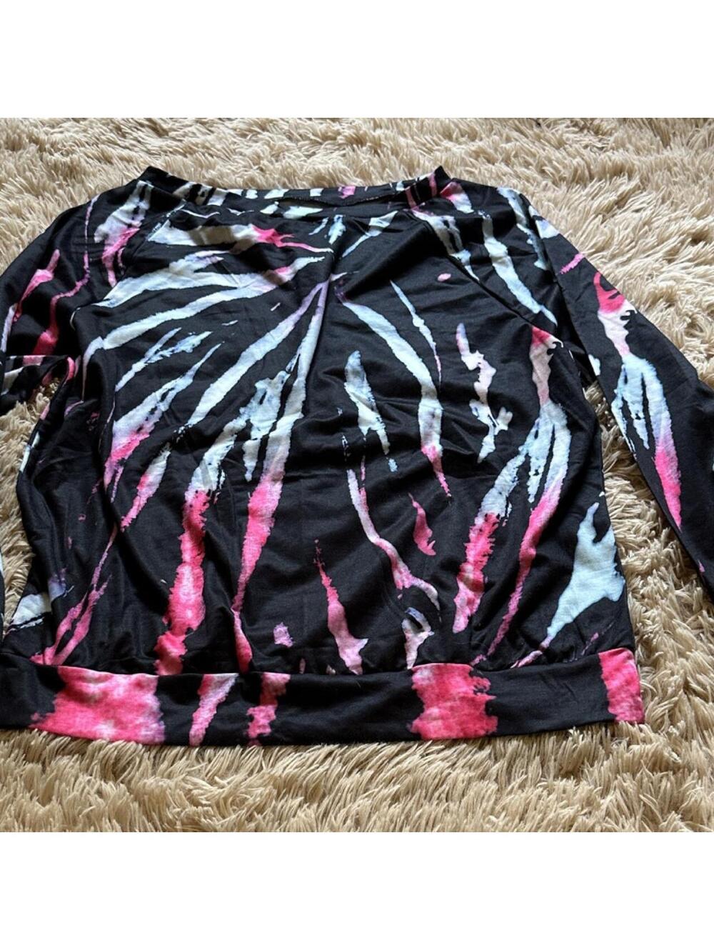 Black Tie-Dye Long Sleeve Pullover Sweatshirt with Pink and White Accents